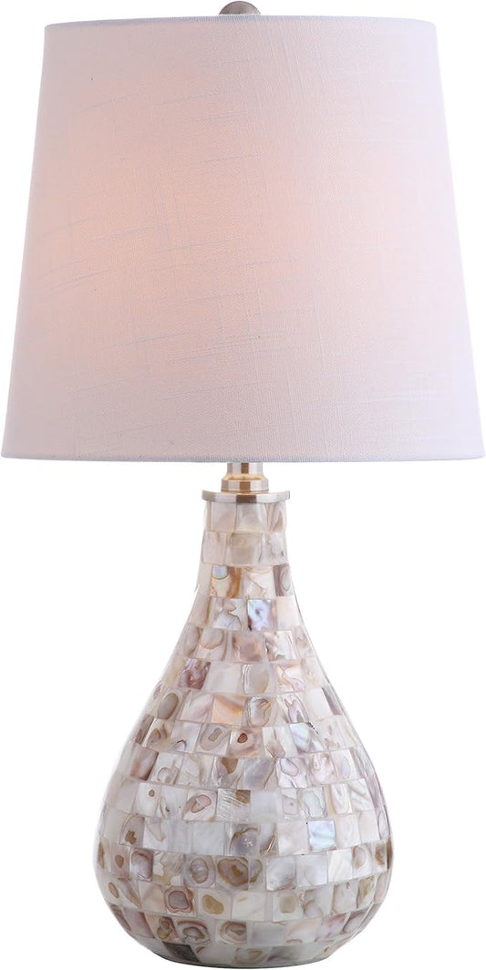 JONATHAN Y 20.5" Seashell Coastal Mini LED Table Lamp for Living Room Office, White Linen Drum Shade, Modern Mother of Pearl Bedside Nightstand Lamp, LED Bulb Included JYL1024A