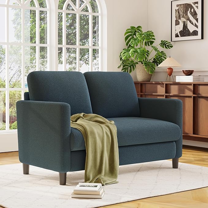 Welzona Loveseat, 51" Small Couch, Comfy Teddy Love Seat for Living Room, Tool-Free Setup Loveseat Sofa for Small Spaces, All-Wood Small Sofa Couch for Bedroom, No Pillow Included, Blue Grey