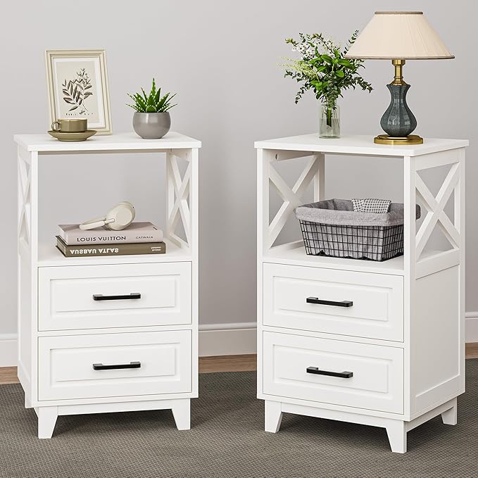 White Nightstand Set of 2, Tall Side Table, Farmhouse End Table with 2 Large Storage Drawers Cabinet, Wooden Rustic Bedside End Table for Bedroom, Home Office, White