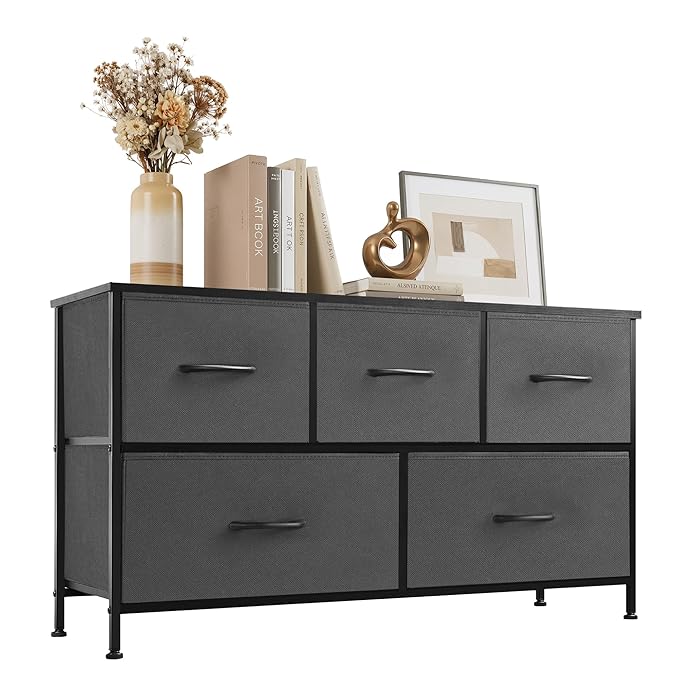 Dresser with 5 Drawers for Bedroom, Fabric Clothes Cabinet for Closet, Anti-Tip TV Stand for 45" TV, Storage Dresser with Metal Frame for Living Room, Entryway, Dorm, Grey