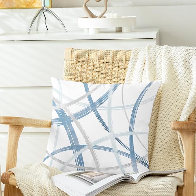 CaliTime Throw Pillow Cases Pack of 2 Cozy Fleece Arc-Shaped Abstract Geometric Lines Decorative Cushion Covers for Couch Bed Sofa Farmhouse Decoration 16 X 16 Inches Light Blue Grey