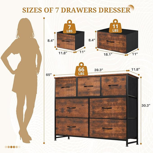 Dresser with 7 Drawers for Bedroom, Fabric Clothes Cabinet for Closet, Anti-Tip Storage Dresser with Metal Frame for Living Room, Entryway, Dorm, Brown
