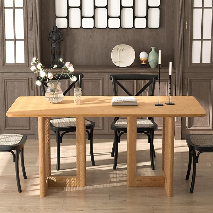 Casaphoria 67" Dining Table, Wicker Base Modern Kitchen Table for 4-6, Farmhouse Style with Rectangular Top & Wicker Base, Easy Assembly for Living Room, Kitchen, Natural Wood