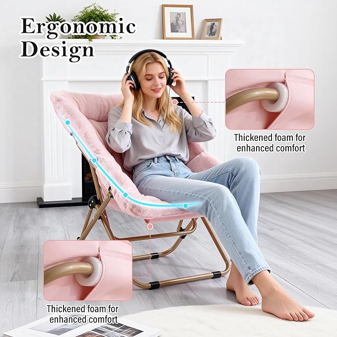 Modern Pink Faux Fur Foldable Metal Frame Recliner Chair for Bedroom, Living Room, Balcony