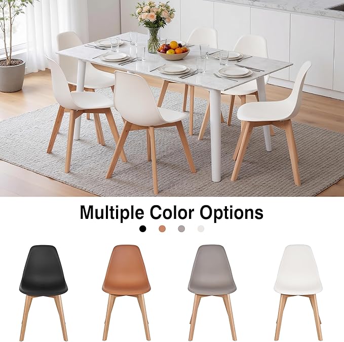 VECELO Dining Chairs Set of 4, Mid-Century Modern Kitchen & Dining Room Chairs, Molded Plastic Seat & Back, Solid Wood Legs, Armless, Non-Slip Feet, White