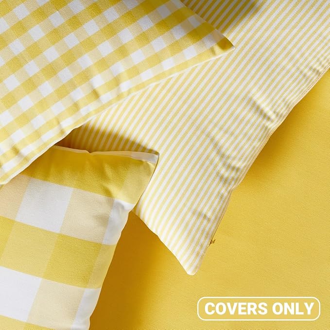 Yellow and White Summer Outdoor Buffalo Plaid Pillow Covers 18x18 Set of 2, Yellow Outdoor Decorative Patio Throw Pillows 18 x 18, Buffalo Check Pillow Covers for Patio Furniture (No Pillow Inserts)