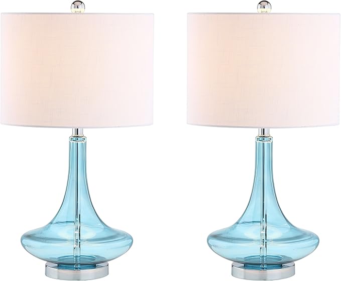 JONATHAN Y 25.5" Aqua/Chrome Glass Teardrop Table Lamp Set of 2 for Bedroom, Modern Bedside Lamps for Living Room, White Linen Drum Shade, LED Bulbs Included (JYL1081B-SET2)