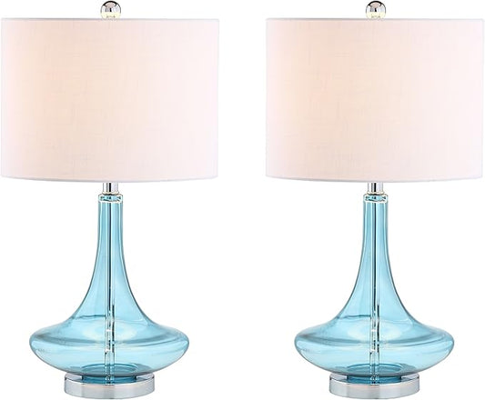 JONATHAN Y 25.5" Aqua/Chrome Glass Teardrop Table Lamp Set of 2 for Bedroom, Modern Bedside Lamps for Living Room, White Linen Drum Shade, LED Bulbs Included (JYL1081B-SET2)