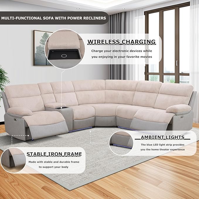 Power Recliner Sectional Sofa, Beige & Grey Plush Sofa, Sectional Couch with Storage Console, Reclining Living Room Sofa with USB/LED Lights