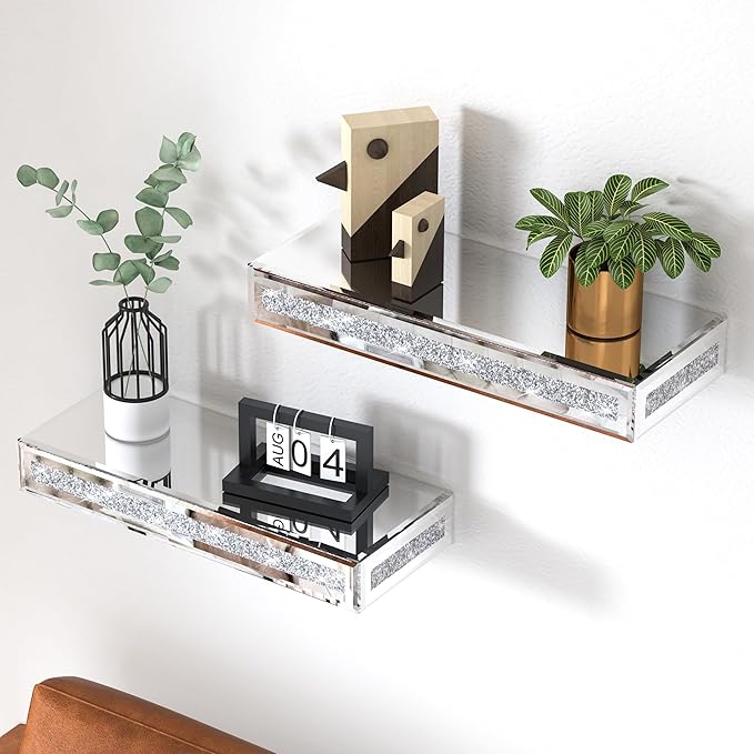 SHYFOY Mirrored Floating Shelves for Wall Decor Storage, Glitter Glass Wall Mounted Shelves for Bedroom, Living Room, Bathroom, Kitchen, Office and More, Set of 2, Silver
