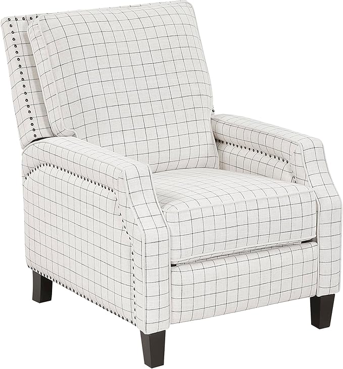 Lexicon Pushback Recliner Chair, Plaid Textured Fabric Armchair Push Back Reclining Chair, Nailhead Trim, Solid Wood Legs, Easy Assembly for Living Room/Office/Apartment, Off-White