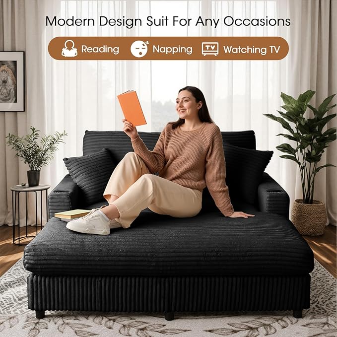 Eafurn 64" Oversized Chaise Lounge Chair Indoor, Plush Corduroy Upholstered Sofa Bed with Pillows & 2 Cup Holders, Extra Wide Deep Seat Sleeper Couch Recliner Chair for Living Room | Removable Cushions, Wooden Frame, Solid Legs