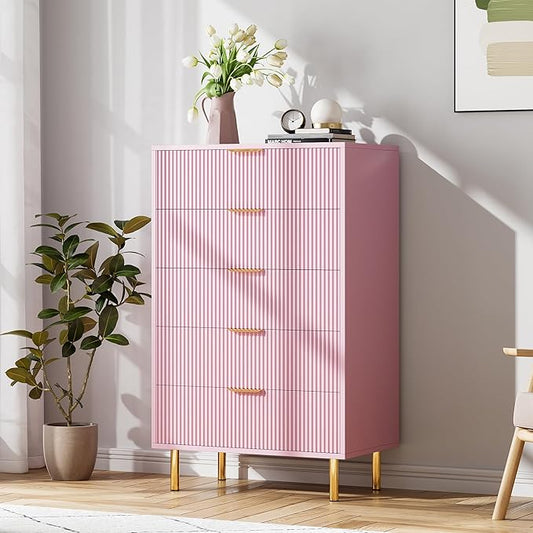 IDEALHOUSE Pink Dresser, Modern 5 Drawer Dresser for Bedroom with Gold Handle and Large Drawer, Wood Double Chest of Drawers and Storage Organizer for Living Room, Hallway, Entryway