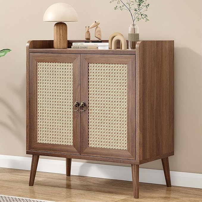 Sideboard Buffet Cabinet with Storage, Rustic Bar Liquor Cabinet with Boho Rattan Decorated Doors, Retro Credenza Console Table for Dining Room Living Room Hallway EntryWay, Vintage