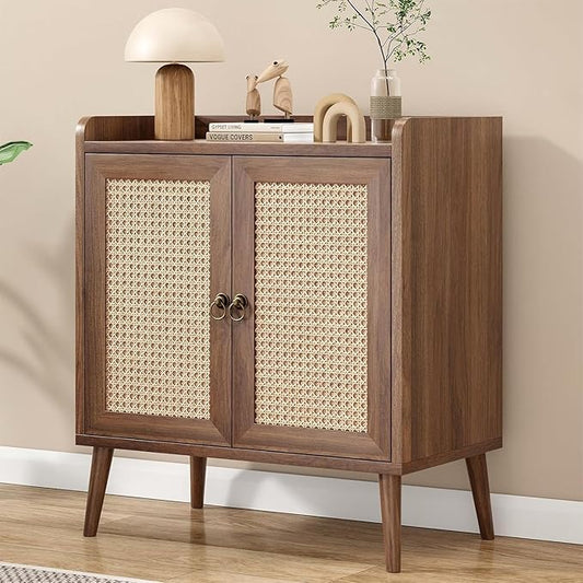 Sideboard Buffet Cabinet with Storage, Rustic Bar Liquor Cabinet with Boho Rattan Decorated Doors, Retro Credenza Console Table for Dining Room Living Room Hallway EntryWay, Vintage
