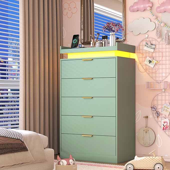 Tall Dresser for Bedroom, Dresser with LED Lights, Wood 5 Drawer Chest with Power Outlet, Modern Chest of Drawers for Bedroom, Living Room, Entryway, Hallway, Green