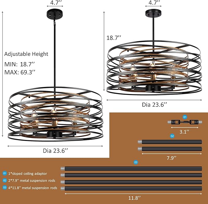 23.6'' Rustic Large Drum Chandeliers for Dining Room, 6-Light Modern Farmhouse Lighting for Kitchen Island, Retro Round Entryway Light Fixture, Black with Retro Wood Texture Interior