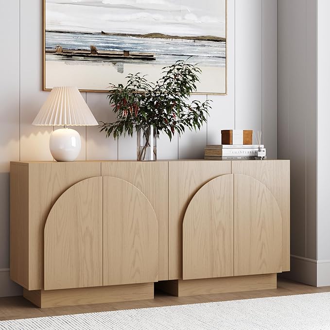 Nathan James Iris Mid-Century Modern Credenza, Light Brown TV Stand, Living Room Wood Storage Cabinet with Arched Cabinet Doors, White Oak, Set of 2