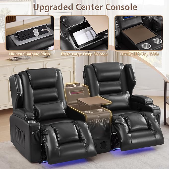 SAMERY Loveseat Recliner Sofa, Power Reclining Loveseat Sofa, Wall Hugger Recliners RV Couch with Console, Lift-Top Table, Rhythm & Ambient LED Lights, USB-C, Outlets, Faux Leather, Black | Extra Wide Seat, Plush Padding, Dual Power Recline, Lift-Up Ta...
