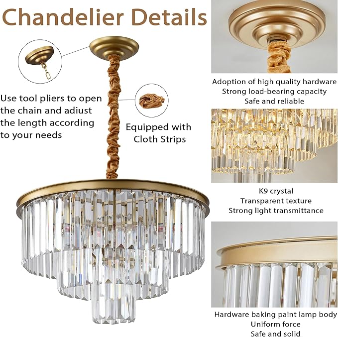 Golden Crystal Chandelier Lighting K9 Crystal Round Chandelier Suspended Ceiling Light Fixture 3 Tier Suitable for Modern Dining Room Living Room Bedroom Stairs