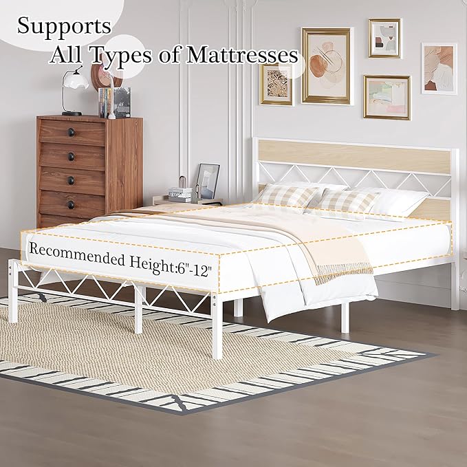 VECELO Queen Size Bed Frame with Headboard, Heavy-Duty Platform Bedframe with Metal Slats Support, No Box Spring Needed, Easy Assembly, White & Natural