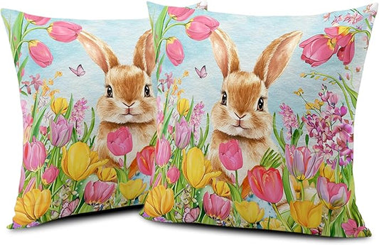 Easter Bunny Pillow Covers 22x22 Set of 2 Lovely Rabbit with Tulip Throw Pillow Covers Spring Pillow Case Floral Cotton Blend Cushion Case for Easter Decor Sofa Patio Garden