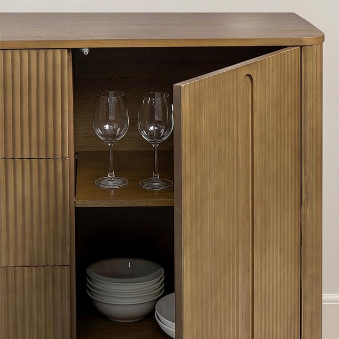Teamson Home Potomac 42'' W Scandinavian Style Sideboard with 3 Drawer 1 Door and Adjustable Shelf, Solid Wood Frame, Push to Open and Acacia Veneer Living Room Storage Furniture in Greige