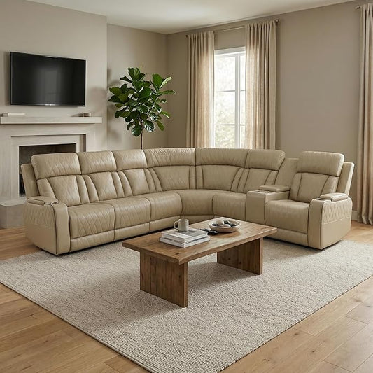 Power Reclining Sectional Sofa, Beige Breathing Leather Recliner Couch with LED Light, Cup Holders, Storage Console, Wireless Charging, USB & Type-C for Living Room Home Theater
