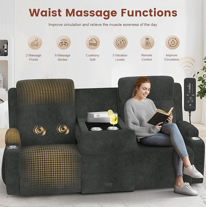 Loveseat Recliner, 3 Seater Massage Reclining Sofa Sets Fabric Recliner Sofa, RV Loveseat Couch Clearance with Drop Down Table, Storage, Cup Holders, Wall Hugger Reclining Couch for Living Room | RV Loveseat, Wall Hugger, Drop Down Table, Storage, Cup ...