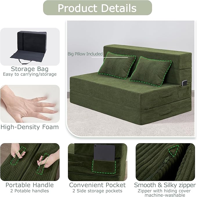 Folding Sofa Bed, 4 in 1 Convertible Sleeper Chair with Pillow, Twin Memory Foam Fold Out Chair Bed, Modern Floor Futon Sofa Couch Mattress for Living Room/Guest/Apartment, Green