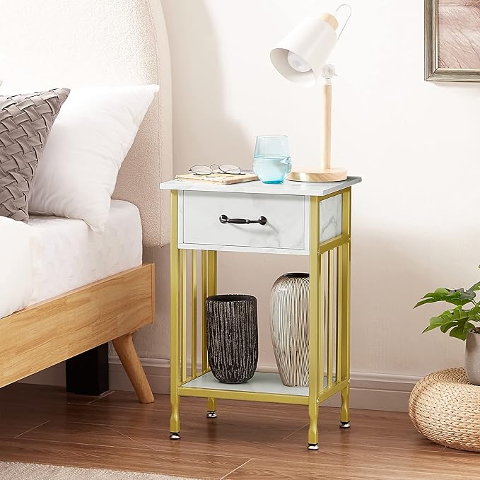 VECELO Night Stand Set 2 with Drawer and Storage Shelf,15.7x11.8x23.6 inches Bedside Table End Table,Wood Nightstands for Bedroom, Living Room,Sofa,Gold+White,2 Sets