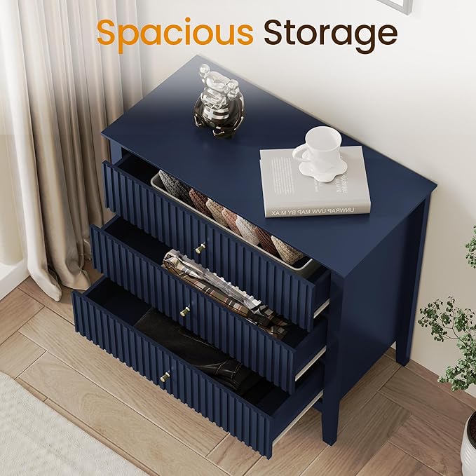 Large Blue Fluted 3 Drawer Dresser Set of 2, Chest of Drawers with Ball Bearing Slide Modern 30 inch Tall Wood Nightstand with Spacious Storage for Bedroom Hallway Living Room Entryway