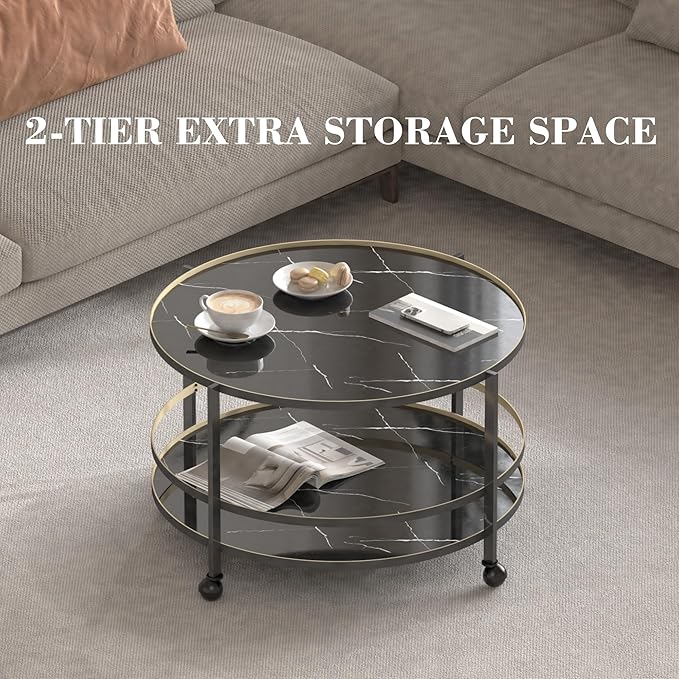 Round Coffee Table with Wheels & 2-Tier Design Black Marble-Textured Top, Sturdy Metal Frame & Premium Baked Paint Finish for Living Room, Balcony, Home - Easy Assembly - 31.5"x19.7"