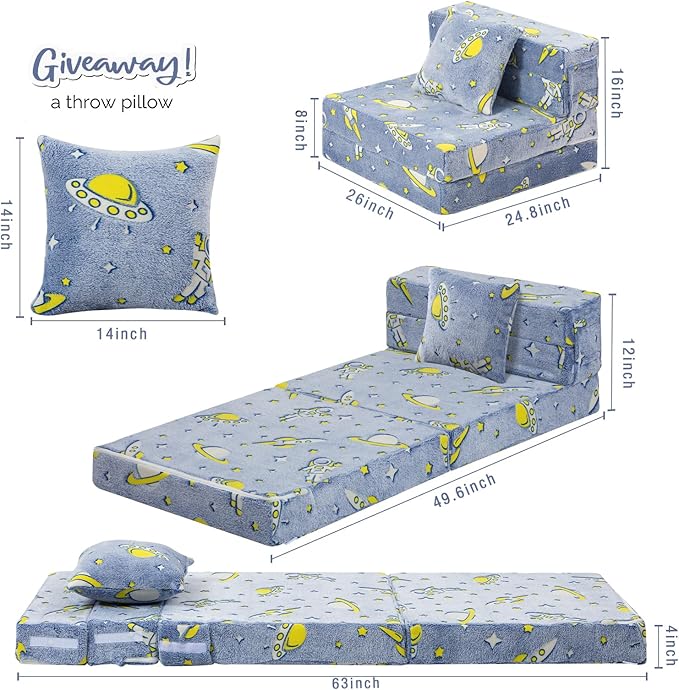 MeMoreCool Foldable Futon Chair Bed for Kids, Glow Tri-fold Sofa Bed Convertible Toddler Sofa Mattress, Foam Floor Couch for Sitting, Blue