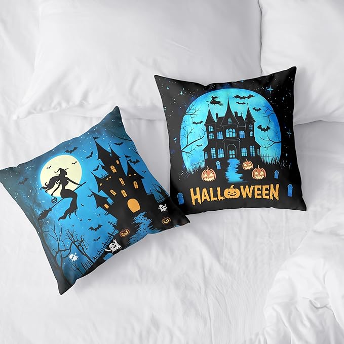 Halloween Pillow Covers 22x22 Set of 2 Witch Castle Throw Pillow Covers Horror Full Moon Night Pillow Case Bat Ghost Pumpkin Cushion Case for Holiday Party Home Decor Couch Sofa