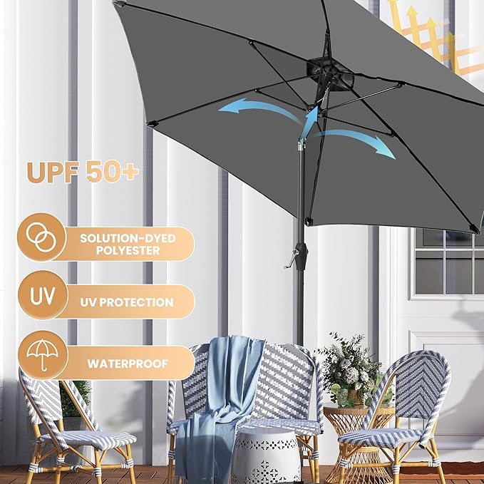 Ayge 7.5FT Large Outdoor Patio Umbrella Market Table Umbrella-UV Resistant, Easy Push Button Tilt and Crank, 6 Sturdy Fiberglass Ribs Heavy-Duty Pool Umbrella for Deck, Backyard,Garden, Yard,Grey