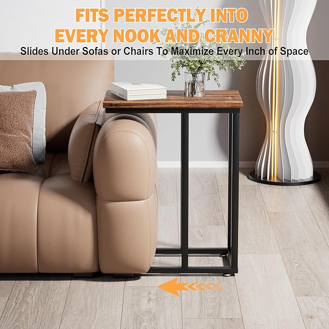 VECELO Universal C-Shaped Side Table, Multi-Functional Snack & TV Tray for Living Room, Bedroom, Brown (1 Set)