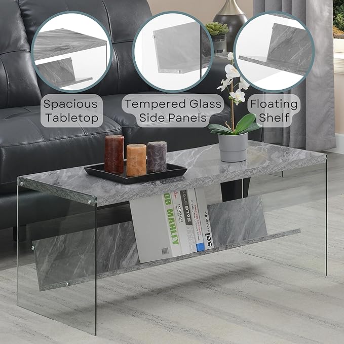 Convenience Concepts SoHo Glass Coffee Table 40" - Modern Living Room Table with Storage Shelf, Contemporary Coffee Table for Family Room, Gray Faux Marble