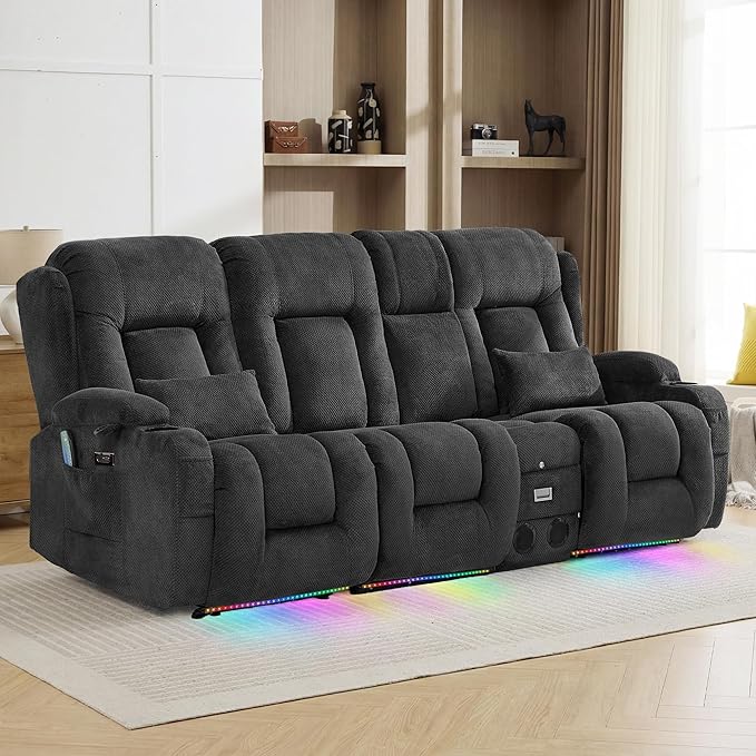 TUNYI Wall Hugger Loveseat Recliner Sofa with Console, Power Reclining Loveseat RV Couch with Massage & Heat/USB/Outlet/Storage/LED Light/Speaker (Dark Grey, 4 Seat)