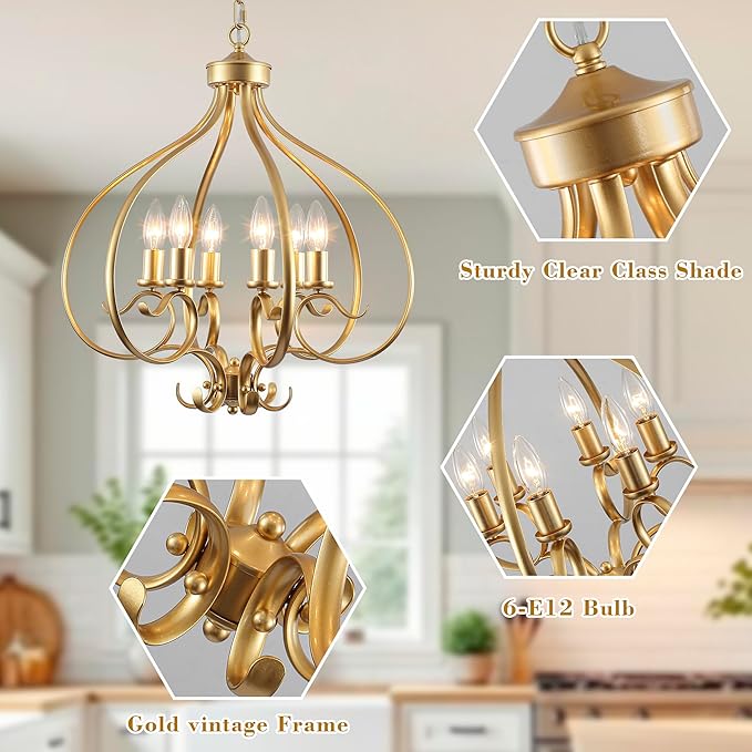 6 Lights Gold Farmhouse Chandelier for Dining Room,19.68" Large Modern Vintage Rustic Adjustable Gold Chandelier Pendant Light Fixtures for Kitchen Island Living Room Entryway Hallway Foyer Bedroom