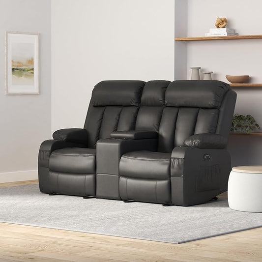 MCombo Loveseat Recliner with Console, Heat and Massage, Power Reclining Sofa for Living Room, Faux Leather 6095 (Black, Loveseat Recliner with Console)