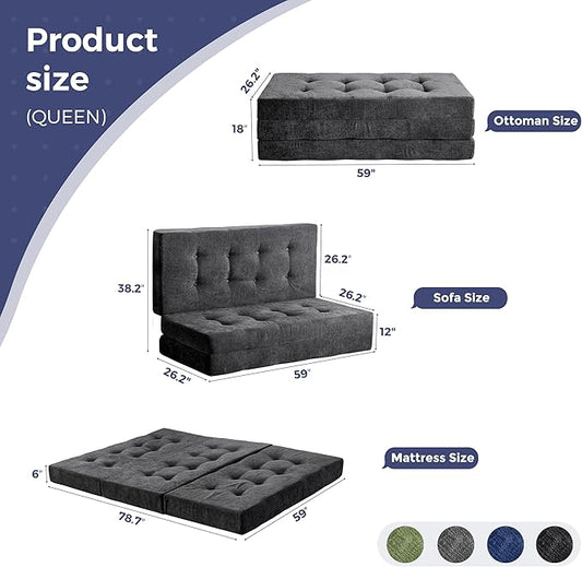 MAXYOYO Tri-Fold Mattress, 6 Inch Tufted Folding Mattress with Chenille Fabric, Portable Queen Size Floor Guest Mat for Adults, Foldable Topper for Camping, Dark Grey