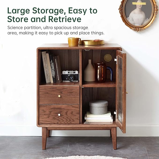100% Solid Wood Storage Cabinet with Glass Doors and Drawers, Buffet Cabinet with Drawers, for Living Room, Reading Room, Kitchen (15.74" D x 31.49" W x 31.49" H, Walnut)