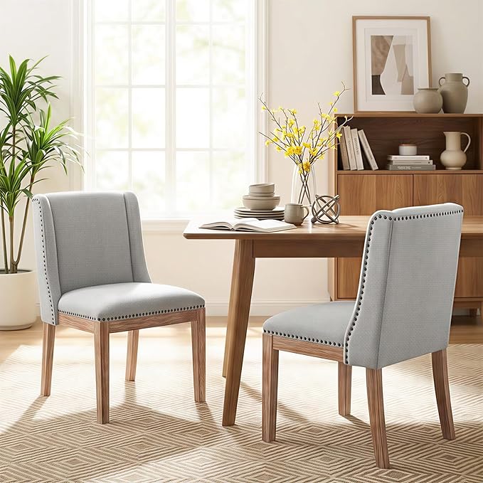 Dining Chair Set of 2, Upholstered Fabric Kitchen Side Chairs with Solid Wood Legs, Comfortable Seating for Kitchen, Dining Room & Restaurant, Grey