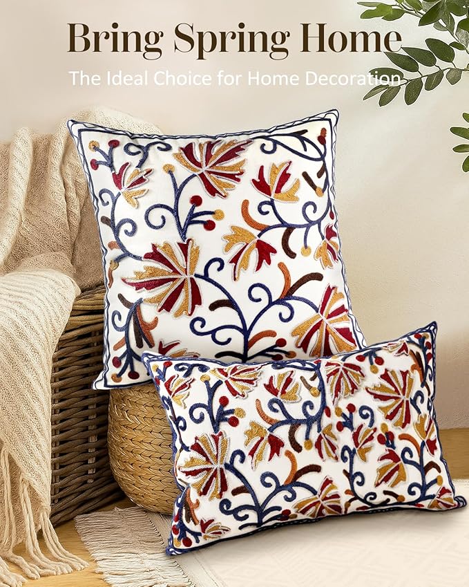 Embroidered Throw Pillow Cover - 20x20 Decorative Pillow Cover with Zipper Aesthetic Cute Design Boho Spring Summer Throw Pillowcase for Living Room Couch Sofa Bed, Fall Flower