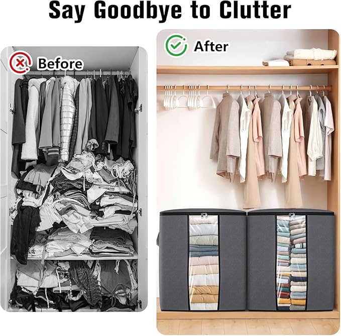 Clothes Storage Bags, 10-Pack Comforter Blanket Organizers, 80L Large Capacity Containers with Visual Window for Clothing, Quilt, Sheet, Pillow, Closet Organization for Bedding (Grey)