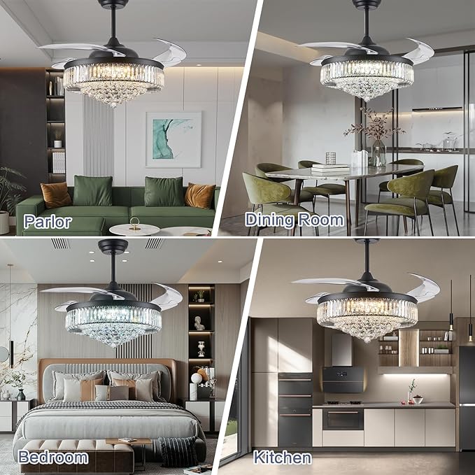 DuMaiWay 52" Dimmable Chandelier Ceiling Fan with Lights,Retractable Crystal Ceiling Fan Chandelier with Remote Control LED Light for Bedroom Living Room Polished Chrome Black 6 Speed 3 Light