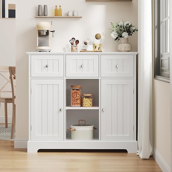 ChooChoo Buffet Cabinet, Coffee Bar with Drawers and Doors, Sideboard Storage with Shelves for Kitchen, Dining Room, Living Room, White