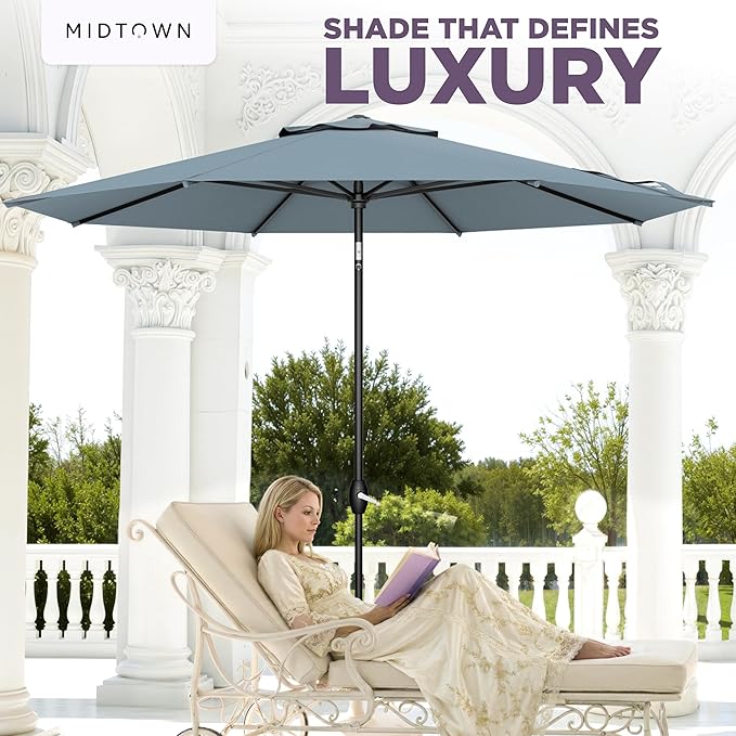 Midtown Umbrellas - The Lean 10 Ft Patio Umbrella with Fade-Resistant Sunbrella Fabric, Auto-Tilt Aluminum Frame and 8 Reinforced Ribs for Deck, Pool & Garden - Canvas Glacier Canopy, Black Pole