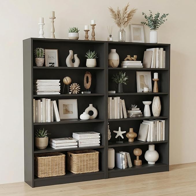 5 Tier Wooden Bookshelf, 60" H Tall Book Shelf with Adjustable Shelves, 33" Wide Bookshelf for Office, Living Room